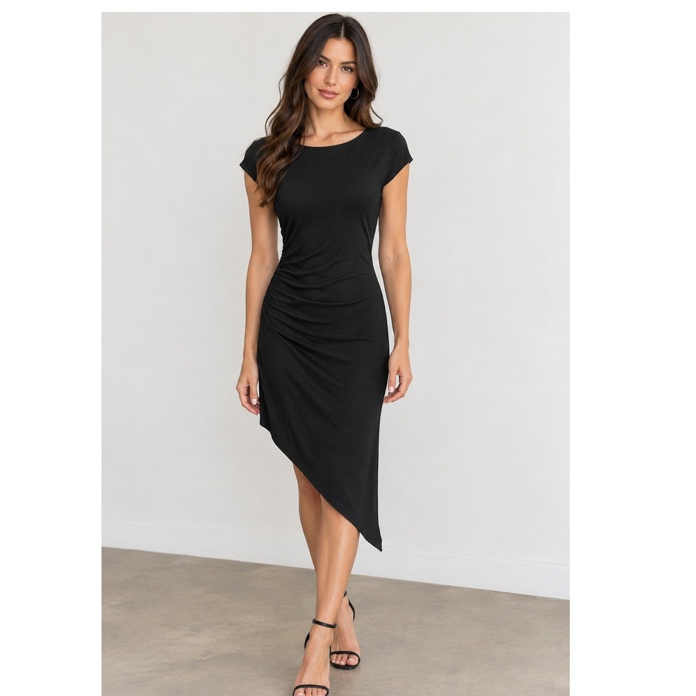 BCBGeneration Women Black Asymmetrical Hem Ruched Sheath Dress M LBD Cocktail